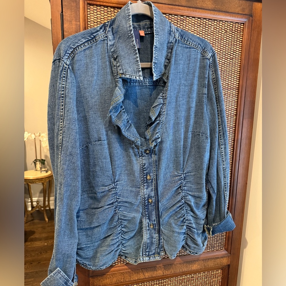 Anthropologie Pilcro denim Shirt with Ruffles and Rushing L